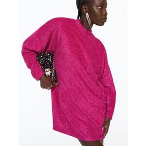 H&M Pink Sparkly Glitter Metallic Long Sleeve Cutout Mini Sweater Dress Size S